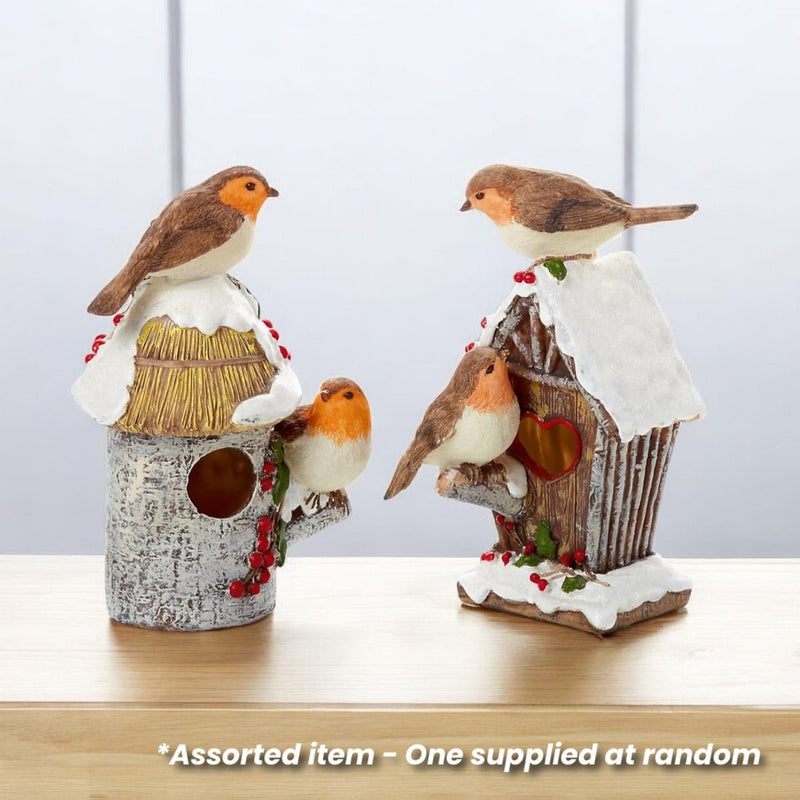 Premier 20cm Robin on Bird House Assorted - One Supplied* - XMAS CERAMIC WOOD RESIN GLASS ORNAMENTS - Beattys of Loughrea