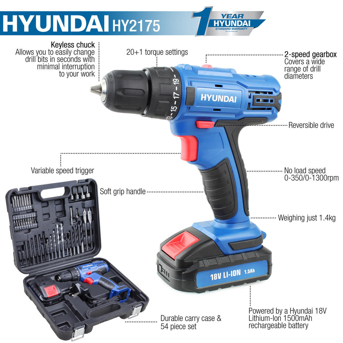 Cordless Drill Hyundai 18v 1.5AH Li Ion with 54 Piece Drill Kit