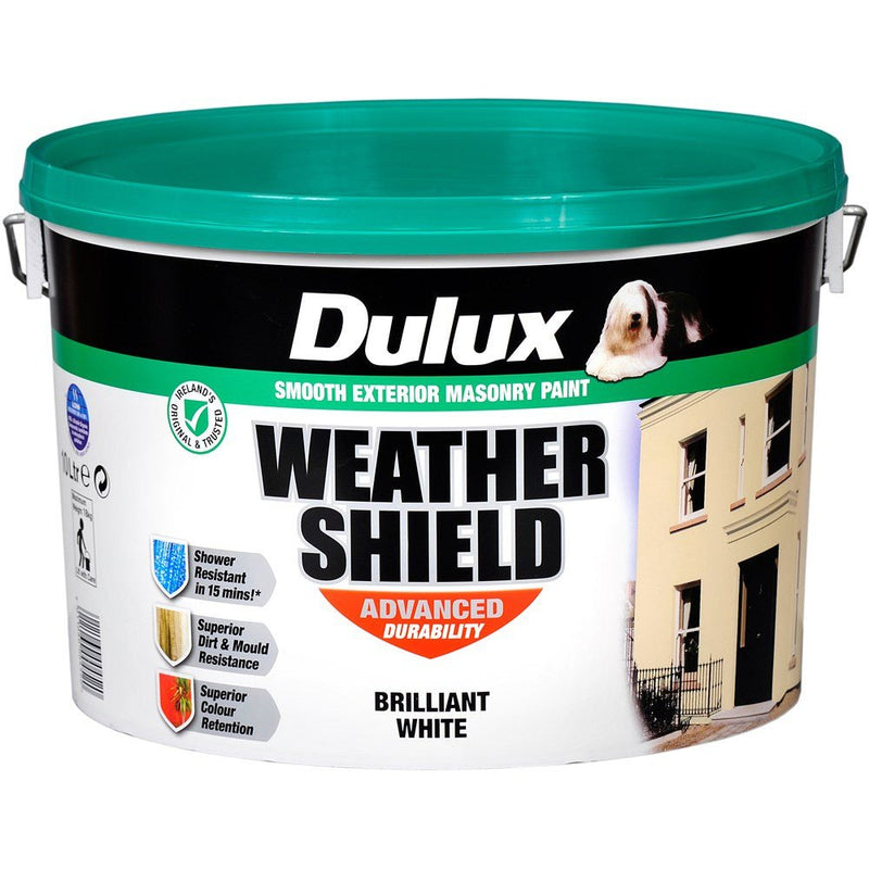 Dulux Weathershield Masonry Brilliant White Paint - 10 Litre - WHITE EXTERIOR - Beattys of Loughrea