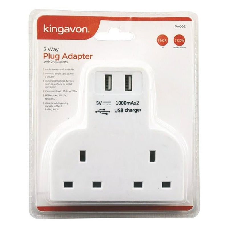 Kingavon 2 Way Plug Adapter With Usb - EXTENSION LEADS/SOCKETS - Beattys of Loughrea