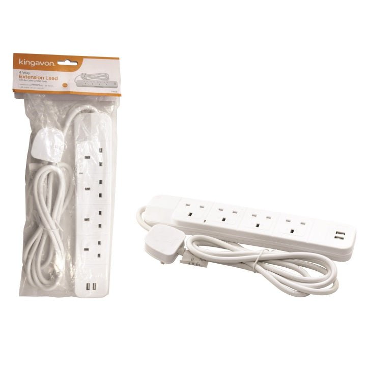 Kingavon 4 Way 2M Extension Lead with 2 USB Ports - EXTENSION LEADS/SOCKETS - Beattys of Loughrea