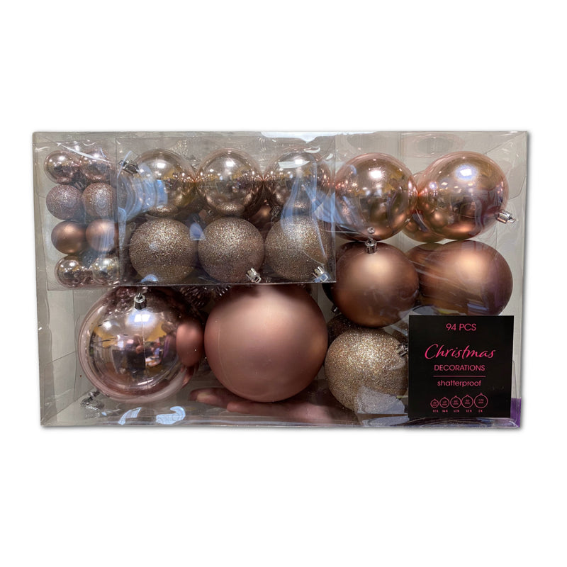 94pk Assorted Rose Gold Christmas Baubles - XMAS BAUBLES - Beattys of Loughrea