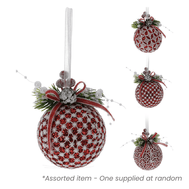 Christmas Lace Red/White Bauble 8cm - XMAS BAUBLES - Beattys of Loughrea