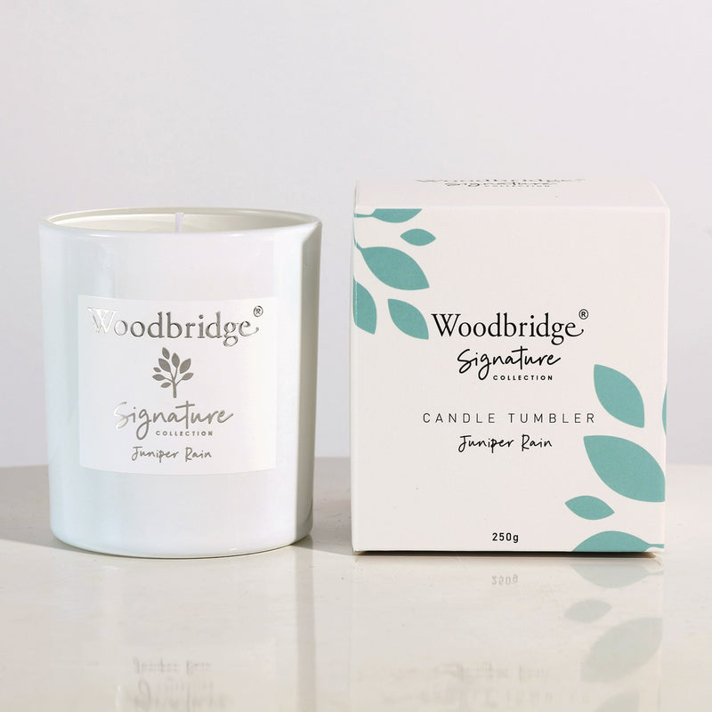 Juniper Rain Boxed Tumbler Candle by Woodbridge 250g - CANDLES - Beattys of Loughrea