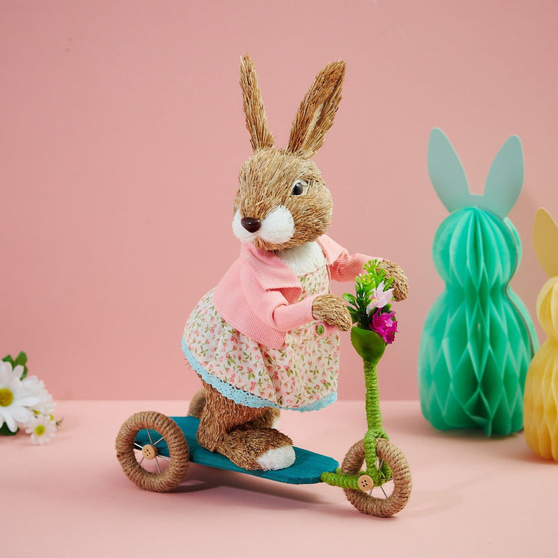 Bristle Rabbit on Scooter with Flowers - ORNAMENTS - Beattys of Loughrea