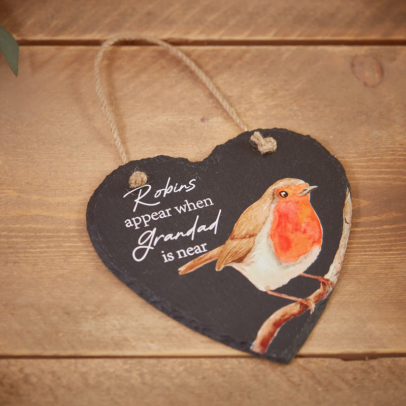 Slate Robin Heart Hanger Robins Appear When Grandad Is Near - ORNAMENTS - Beattys of Loughrea