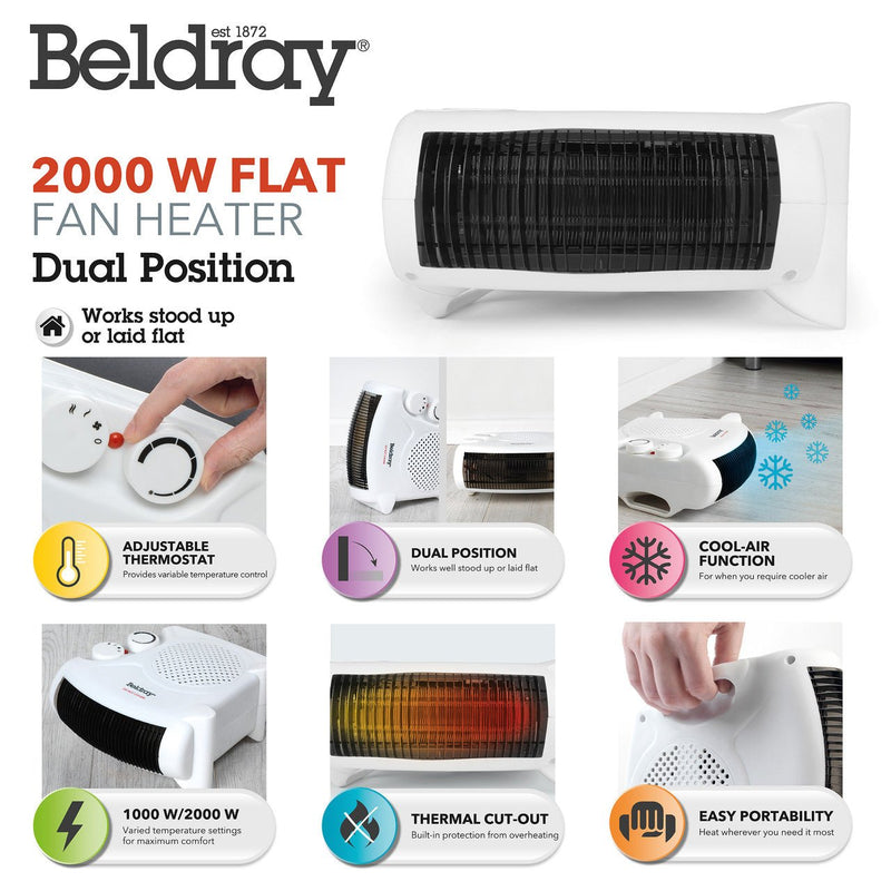 Beldray Upright/Flat Fan Heater with Cool Air Function 2000W - FAN HEATERS - Beattys of Loughrea