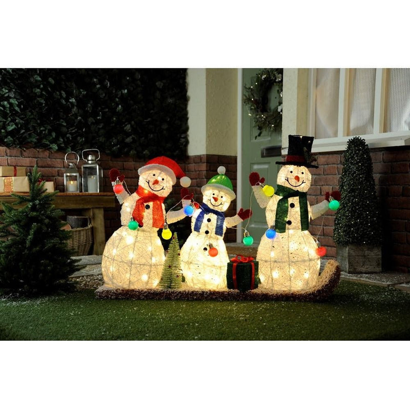 LED Lit Snowman Family on sledge 130cm Multi-Coloured - XMAS LIGHTED OUTDOOR DECOS - Beattys of Loughrea