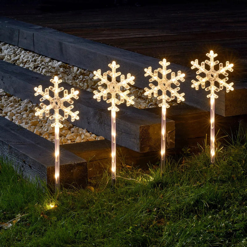 Snow Decor Set of 4 Large Warm White Stake Lights Battery Operated - XMAS LIGHTED OUTDOOR DECOS - Beattys of Loughrea