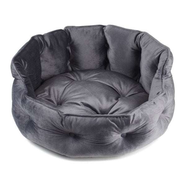 Button-Tufted Round Bed - Slate - Small - PET SLEEPING BASKET, BEDS - Beattys of Loughrea