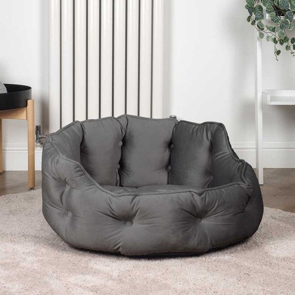 Button-Tufted Round Bed - Slate - Small - PET SLEEPING BASKET, BEDS - Beattys of Loughrea