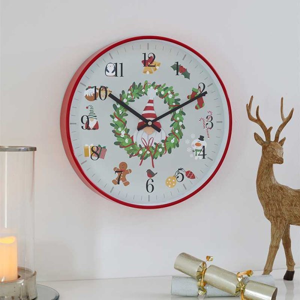 ChrisClock! 30cm Christmas Wall Clock - XMAS CERAMIC WOOD RESIN GLASS ORNAMENTS - Beattys of Loughrea