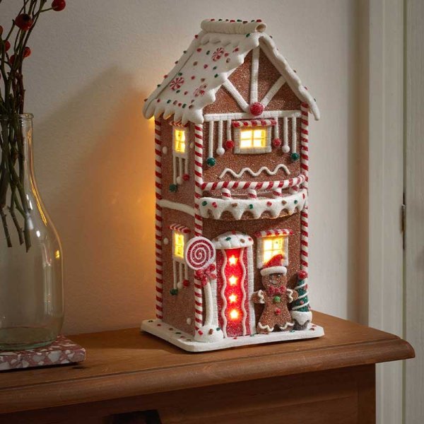 Gingerbread CandyHome 29cm Battery Operated - XMAS CERAMIC WOOD RESIN GLASS ORNAMENTS - Beattys of Loughrea