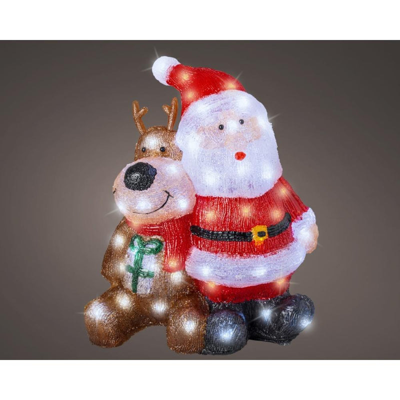 80 LED Acrylic Santa with Reindeer 40cm - XMAS ROOM DECORATION LARGE AND LIGHT UP - Beattys of Loughrea