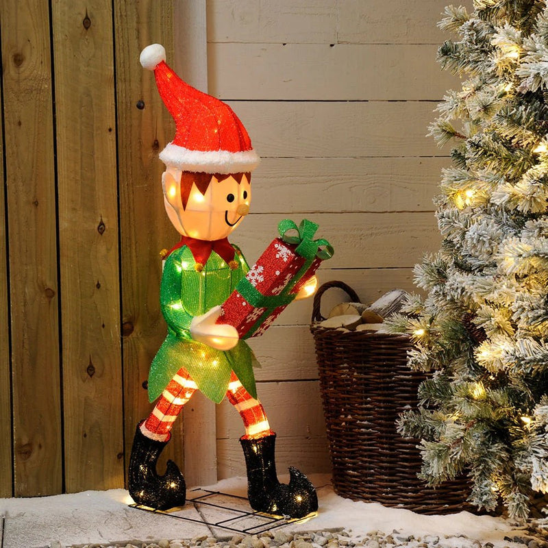 60 LED Warm White Lit Elf with Giftbox 107cm - XMAS LIGHTED OUTDOOR DECOS - Beattys of Loughrea