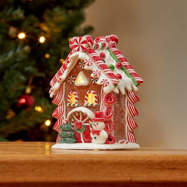 Gingerbread Frosty CandyCottage 15 x 11.5 x 8.5cm - XMAS CERAMIC WOOD RESIN GLASS ORNAMENTS - Beattys of Loughrea