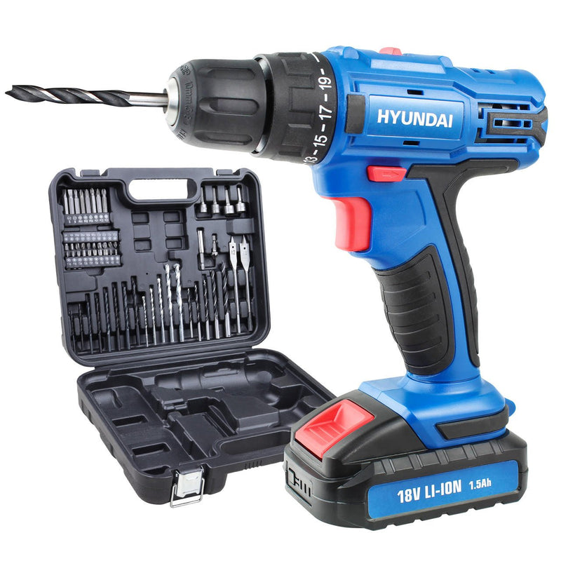 Hyundai 18v 1.5AH Li-Ion Cordless Drill with 54 Piece Drill Accessory Kit | HY2175 - DRILLS - Beattys of Loughrea