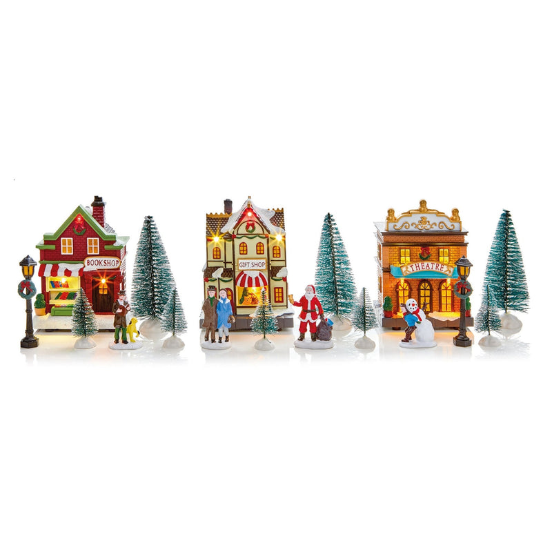 LED Village Set 17pce - XMAS CERAMIC WOOD RESIN GLASS ORNAMENTS - Beattys of Loughrea