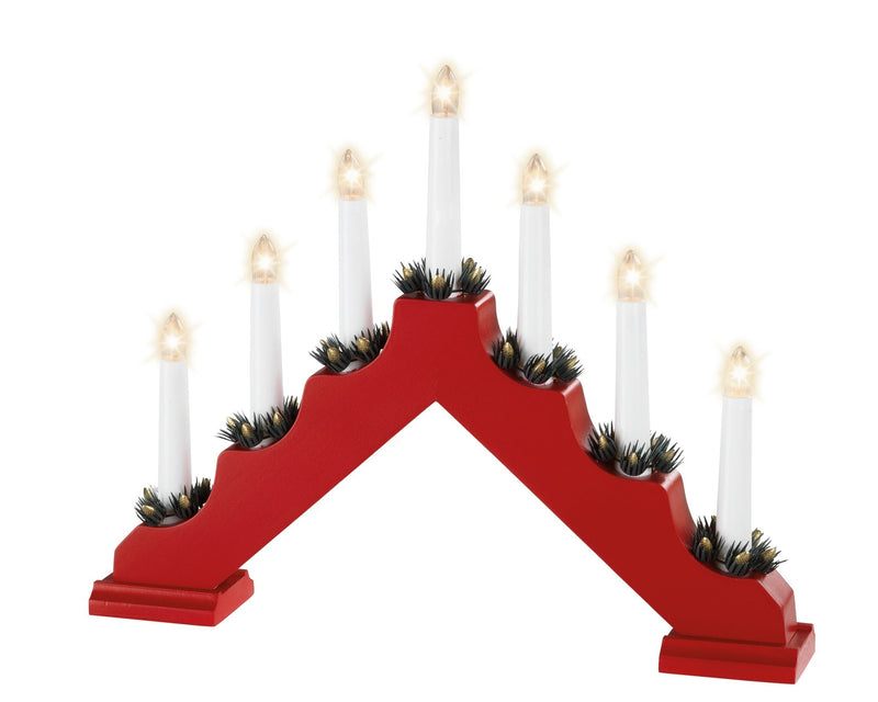 Lumineo Traditional 7 Light Wooden Candlebridge - Red - XMAS CANDLE ARCHES LOGS - Beattys of Loughrea