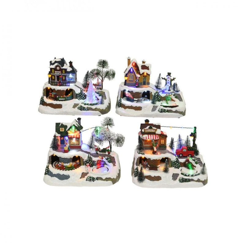 LED Musical Winter Village Scene 4 Assorted - 17cm - XMAS CERAMIC WOOD RESIN GLASS ORNAMENTS - Beattys of Loughrea