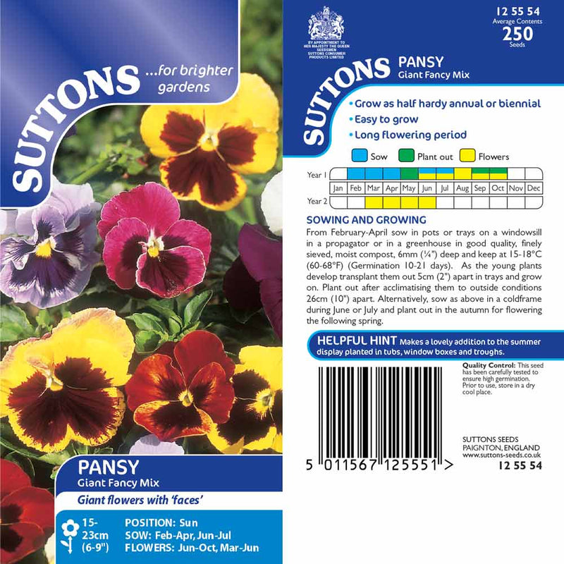 Suttons Pansy Giant Fancy Mixed 125554 - SEED VEG & FLOWER - Beattys of Loughrea