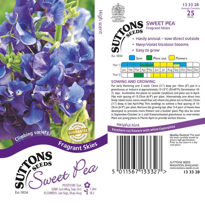 Suttons Sweet Pea Fragrant Skies 133328 - SEED VEG & FLOWER - Beattys of Loughrea