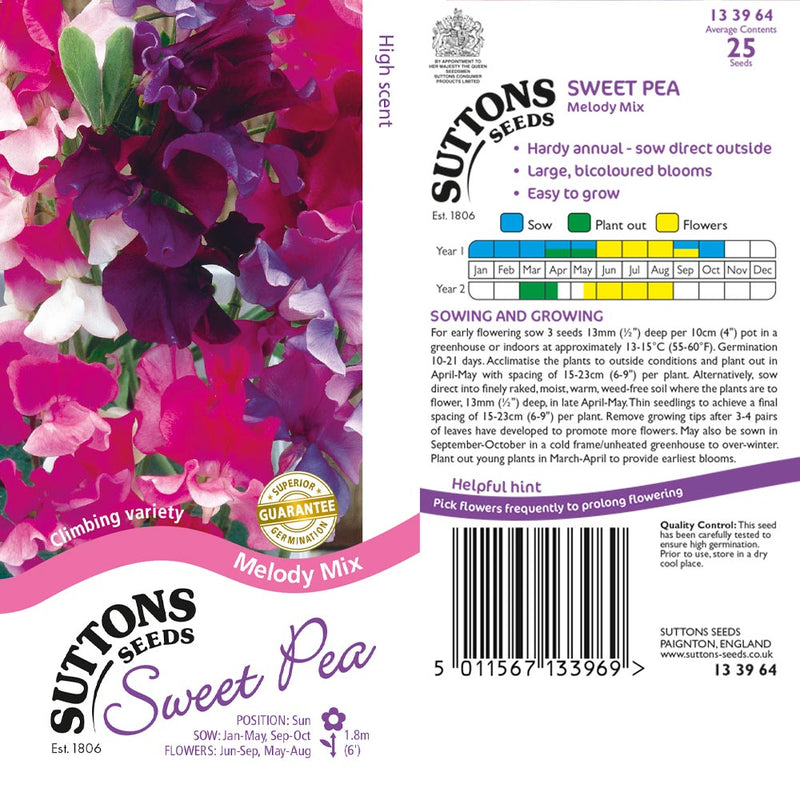 Suttons Sweet Pea Melody Mixed 133964 - SEED VEG & FLOWER - Beattys of Loughrea